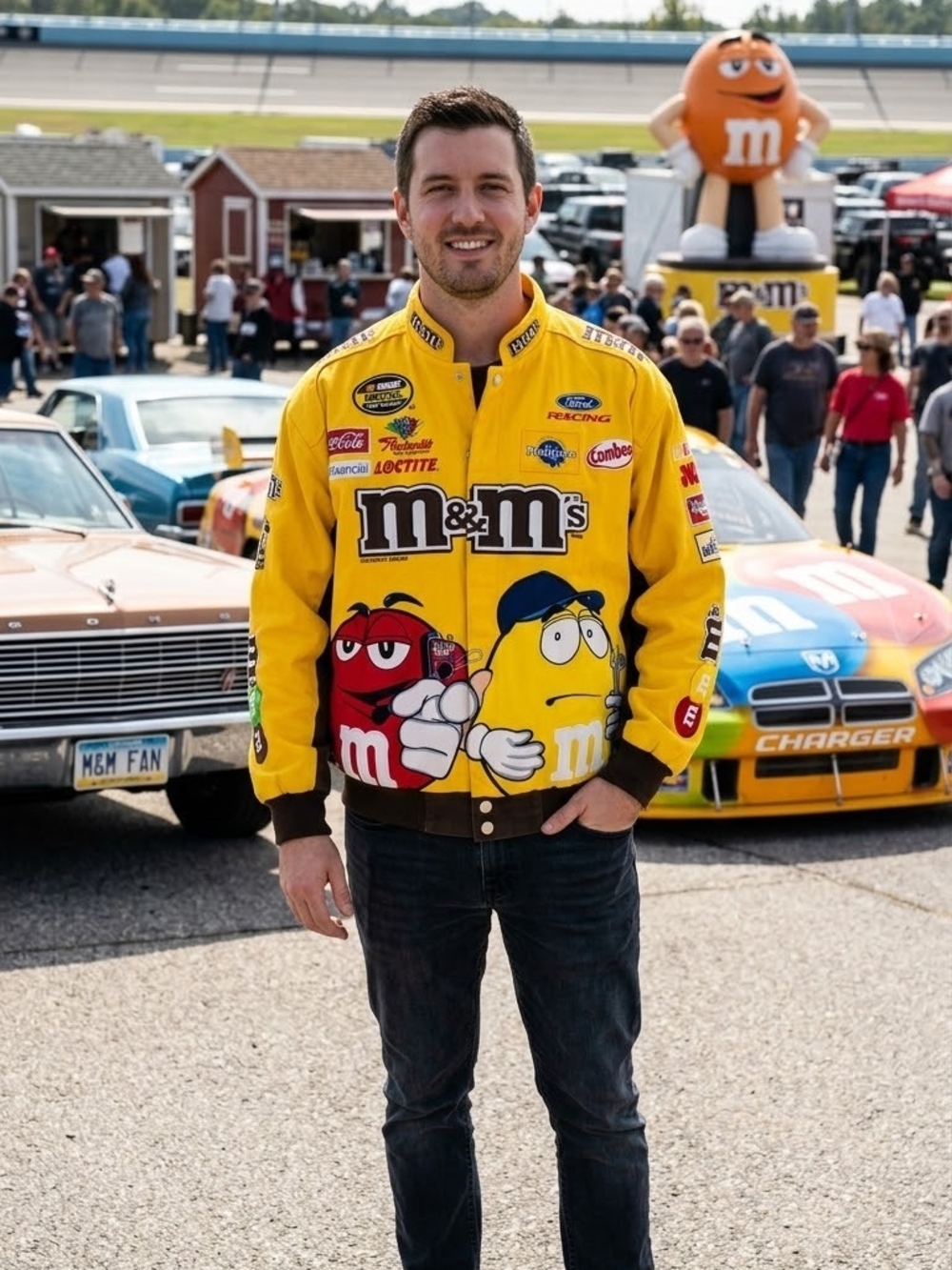 Chase Authentics Yellow M&M's Racing Bomber Jacket with Red & Blue Graphics